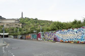 General view of graffiti art on hoardings around Caltongate Development site on New Street, Edinburgh, from N.