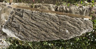 View of incised cross slab lying on low wall to west of church(including scale)