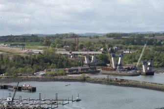 Forth crossing under construction. View of south deck and supports from road bridge to north east