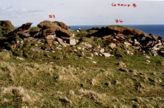 North Rona, township group B, west side of B3 and B4 with quern stone. 10 May 2005.