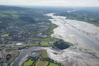 General oblique aerial view of The River Clyde, with Strathclyde Homes Stadium and Dumbarton castle in the foreground, looking ESE.
