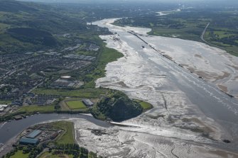 General oblique aerial view of The River Clyde, with Strathclyde Homes Stadium and Dumbarton castle in the foreground, looking ESE.