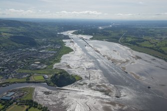 General oblique aerial view of The River Clyde, with Strathclyde Homes Stadium and Dumbarton castle in the foreground, looking ESE.