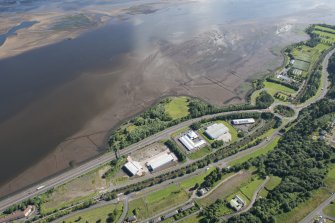 Oblique aerial view of the timber ponds at Kelburn Park and Finlaystone Point, looking SSW.