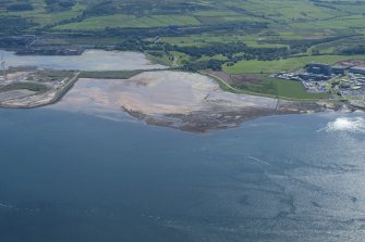 Oblique aerial view of Brigurd Point Harbour and fish trap at Hunterston Sands, looking E.