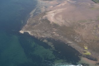 Oblique aerial view of Brigurd Point Harbour and fish trap at Hunterston Sands, looking NE.