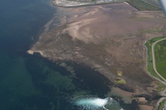 Oblique aerial view of Brigurd Point Harbour and fish trap at Hunterston Sands, looking NNE.