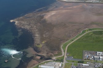 Oblique aerial view of Brigurd Point Harbour and fish trap at Hunterston Sands, looking N.