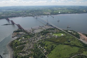 General oblique aerial view of the Upper Firth of Forth with The Queensferry Crossing construction, The Forth Road bridge and Forth bridge, looking SW.
