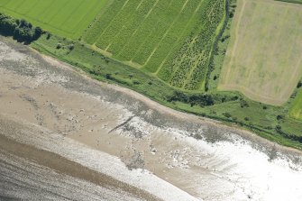 Oblique aerial view of the remains of the fish trap, looking SE.