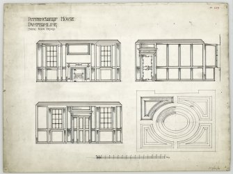 Elevations of wood panelling and plan of ceiling in dining room at Pittencrieff House, Dunfermline.