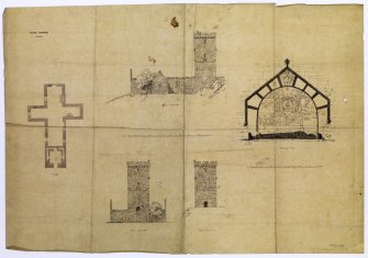North, east and west elevations and plan of St Clement's Church, Rodel, Harris, and detail of Macleod's tomb.