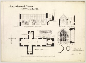 Longitudinal section looking south and ground plan of St Clement's Church, Rodel, Harris, and figure in south transept, section through nave and details and section of east window.