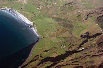 Aerial view from the SW. The farm of Laig is at lower centre with the former loch beyond it, indicated by uncultivated ground. Sròn Laimhrige (Rock of the Landing Place) is on the extreme right, above the small loch. (Colin Martin)