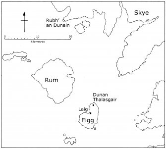 The locations of Dùnan an Thalasgair on Eigg and Rubh’ an Dùnain on Skye, where watch-posts are believed to have been established. (Colin Martin)