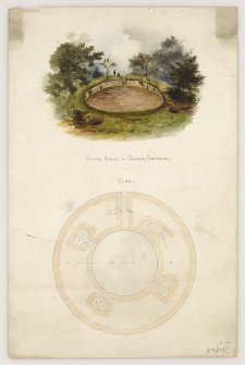 Perspective watercolour view and plan of Coldoch broch