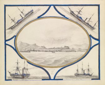 View of Edinburgh from the sea with details of four ships, Princess Royal, Leith, Trident and Clarence.