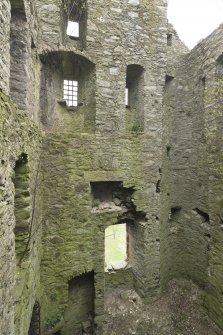 Invermark Castle. Mid section of west wall, view from scaffold to east