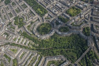 Oblique aerial view of Royal Circus, Moray Place and Ainslie Place, looking ESE.