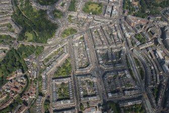 Oblique aerial view of the Coates area of Edinburgh centred on Melville Street, looking NE.