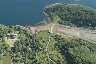 Oblique aerial view of the fish trap and Stonefield Castle Hotel, looking NE.