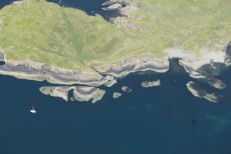 Oblique aerial view of Meall nan Gamhna, Staffa, looking NW.