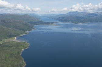 General oblique aerial view of Loch Linnhe with Inversanda Bay in the middle distance and Corran beyond, looking NE.
