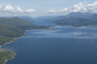 General oblique aerial view of Loch Linnhe with Inversanda Bay in the middle distance and Corran beyond, looking NE.