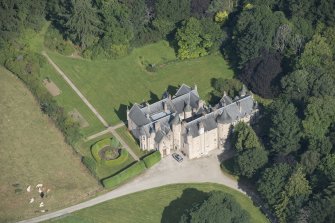 Oblique aerial view of Pitcaple Castle, looking NW.