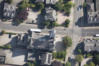 Oblique aerial view of Carden Place United Free Church, looking ENE.