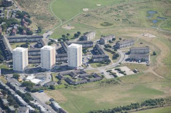 General oblique aerial view of Balnagask Circle centred on Morven Court, Brimmond Court and Grampian Court, looking E.