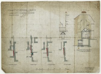 Edinburgh, 138 Pleasance, Burgh of Kirk O' Field, Kirk O' Field Parish Church.
Part basement, ground, first and second floor plans, part elevation, part elevation and section of gable.
Titled:  'Charteris Memorial Church  Gable Next St Ninians Mission  Drawing No 31'.
Insc:  'Received 2nd June 1911.  45 Hanover St  Edinr June 1911'.

