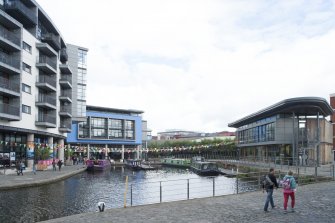 View of canal basin on Union Canal at Edinburgh Quay, Fountainbridge, Edinburgh, from the south-west