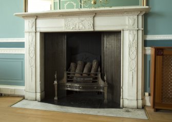 Ground floor, guild room, detail of fireplace on west wall