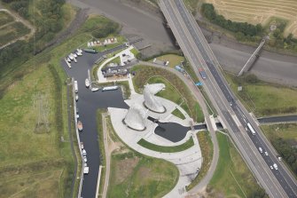 Oblique aerial view of The Kelpies, looking NNW.