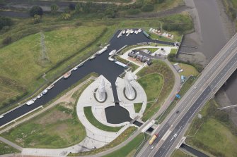 Oblique aerial view of The Kelpies, looking WNW.