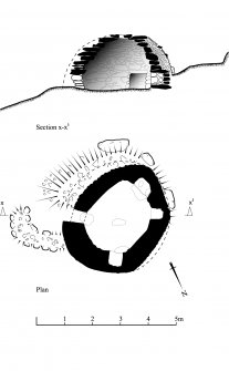 Publication drawing; plan and section of sheiling hut (d), Airigh A' Sguir, Lewis