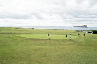 18th green from balcony of clubhouse to south.