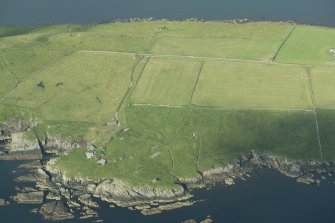 Oblique aerial view of military defences at Ness of Sound, looking WSW.