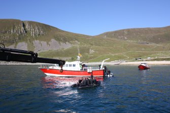General view of disembarkation from Orca III at Hirta (Orca II and Enchanted Isle in shot).