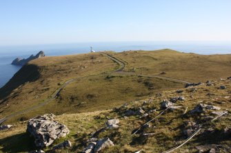 General view of Mullach Sgar, St Kilda, showing access roads, cleitean and mast.