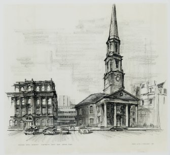 Perspective sketch of George Hotel Extension from George Street showing George Hotel and St Andrew's and St George's Church