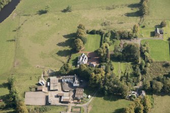 Oblique aerial view of Kilmaronock Castle and Kilmaronock House, looking ENE.