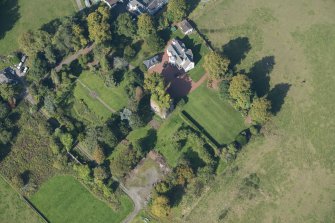 Oblique aerial view of Kilmaronock Castle and Kilmaronock House, looking W.