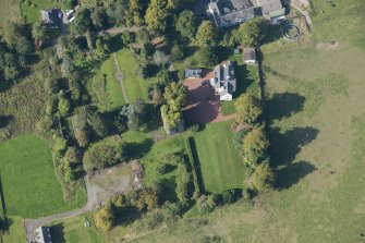 Oblique aerial view of Kilmaronock Castle and Kilmaronock House, looking S.