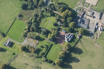 Oblique aerial view of Kilmaronock Castle and Kilmaronock House, looking SW.