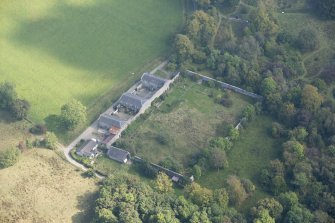 Oblique aerial view of Darleith Castle walled garden, looking NE.