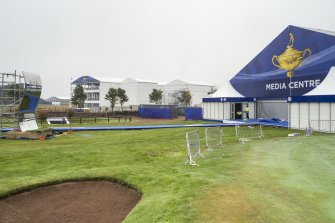 Temporary media centre and rear of Argyll Pavilion from north north east.