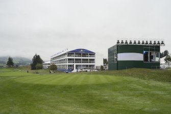 Temporary buildings (Sky tv studio and Argyll Pavilion) on the north west side of the first fairway taken from the 1st tee looking south west.