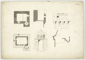 Plans of fourth floor and parapet, turret door elevation and details of Scotstarvit Tower.
